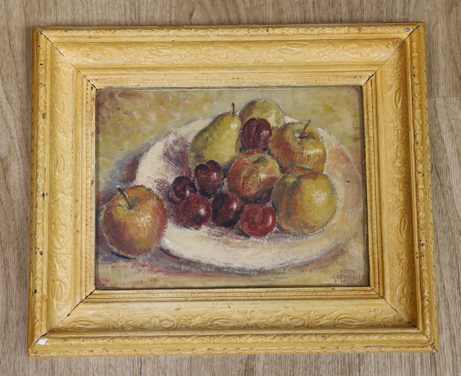 Keith Clements (1931-2003), oil on board, Still life of fruit, signed and dated 1948, 17 x 23cm